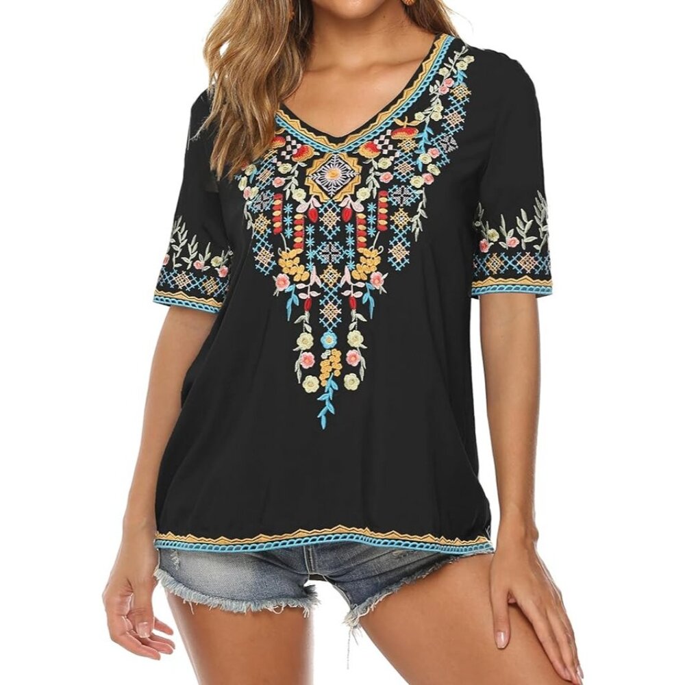 Grosy Mexican Embroidered Top Boho Shirt Peasant Blouses Loose Fitting Bohemian